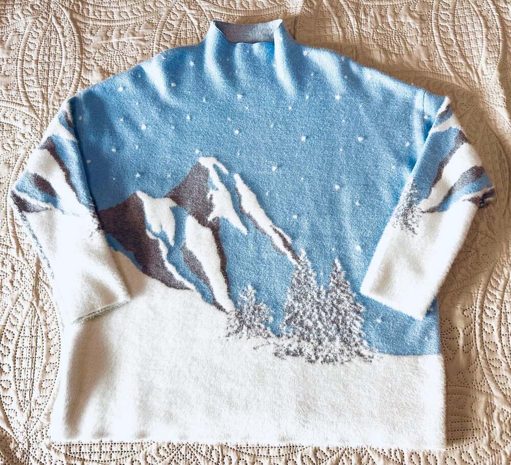 Rachel Zoe Sweater Blue Mountain Snow Scene Mock Neck Fuzzy 2x